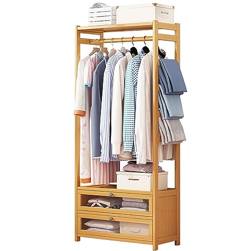 Baannaww Kleiderständer Bambus, Garderobenständer Kleiderstange, Holz Offener Kleiderschrank mit 2kleiderstange Garderobe, Multifunktionale Kleiderständer Für Schlafzimmer, Stabil-68/100CM von Baannaww