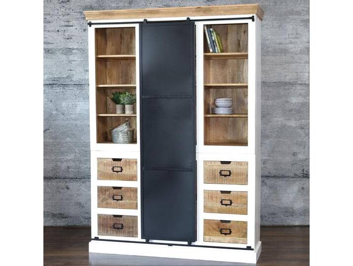 Regalschrank RODA 150cm massiv Mangoholz Eisen Schiebetüre Industrial von Baario