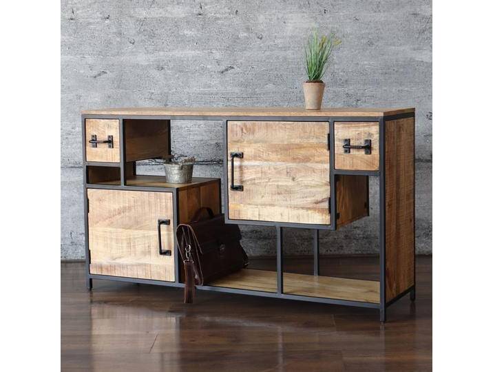 Sideboard INDUSTRIAL offen 150cm massiv Mangoholz & Eisen Anrichte von Baario