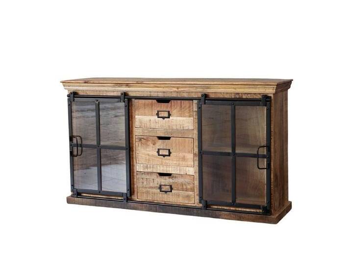 baario Sideboard Sideboard FINE 150cm breit, Massivholz & Eisen rustikal Glastüren Design, braun von Baario