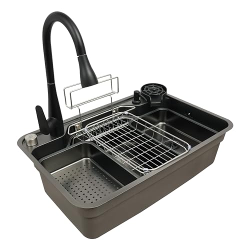 Freistehende Edelstahlspüle Multifunktionale Küchenspüle Spülbecken Schwarz mit Ausziehbarer Wasserhahn Free Standing Edelstahl Spüle mit Cup Washer für Bars, Balkone, Wohnungen, Küchen 75*48*22cm von Babeenoo