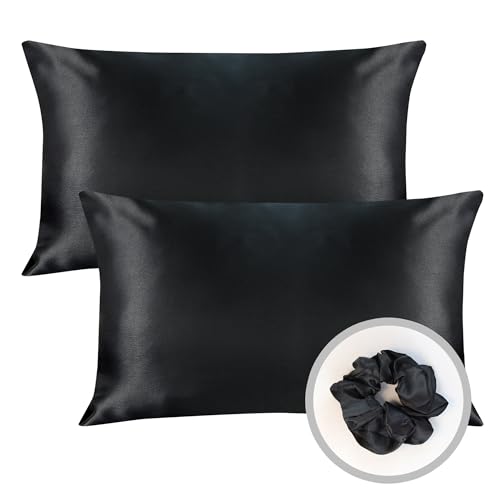 2er Pack Satin Kissenbezug für Haar und Haut, 100% Seidig Luxus Satin Kissenhülle mit Hotelverschluss, Schwarz Kopfkissenbezug Weich und Atmungsaktiv Kissenbezüge 40 x 80 cm von Baby Amabc