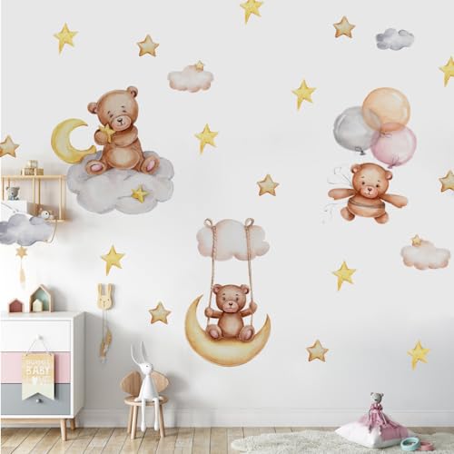 Baby Boo! Wandtattoo Kinderzimmer, Bär auf Wolke Mond und Luftballons, Kinderzimmer Deko, Babyzimmer Deko, Wandsticker Kinderzimmer, Wandaufkleber Kinderzimmer, PVC, Wanddeko (90 x 30 cm) von Baby Boo!