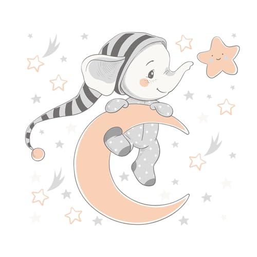 Baby Boo! Wandtattoo Kinderzimmer, süßer Elefant im Schlafanzug Mond und Sterne, Kinderzimmer Deko, Babyzimmer Deko, Wandsticker Kinderzimmer, Wandaufkleber Kinderzimmer, PVC, Wanddeko (60 x 40 cm) von Baby Boo!