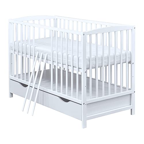 Baby Delux Babybett Kinderbett umbaubar zum Juniorbett weiß 120x60 Milo Schublade Bettkasten Schutzgitter von Baby Delux