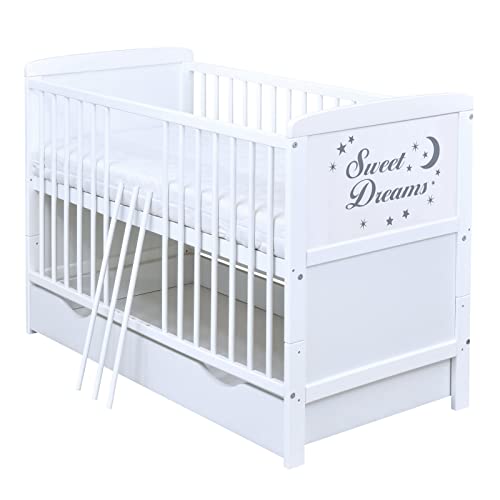 Baby Delux Babybett Kinderbett umbaubar zum Juniorbett weiß 140x70 Schublade Matratze mit Motiv Sweet Dreams (mit Kokos-Buchweizen-Matratze 140x70x9 cm) von Baby Delux