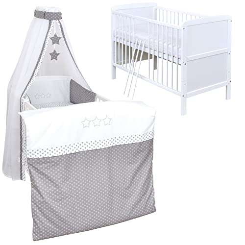 Baby Delux Babybett Komplett Set Kinderbett Natalie 140x70 umbaubar zum Juniorbett mit Matratze und mehrteiligem Bettwäsche Bettset Grey Stars von Baby Delux