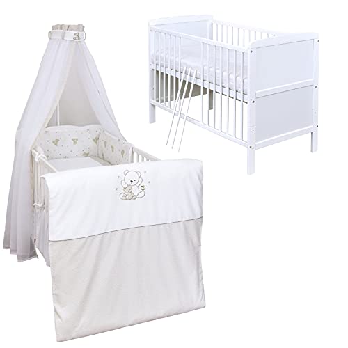 Baby Delux Babybett Komplettbett Kinderbett umbaubar zum Juniorbett Natalie weiß 140x70 Bettset Matratze Shiny Teddy Beige Glitzer von Baby Delux