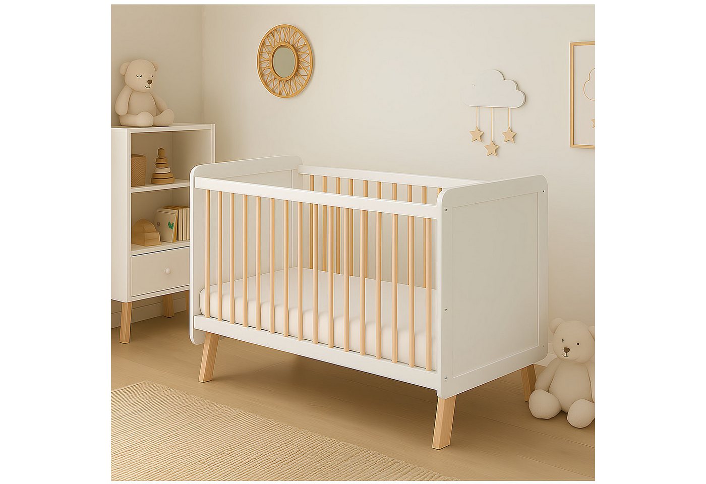 Baby-Delux Babybett Lou Weiß Kiefernholz Schutzgitter, Kinderbett 60x120 umbaubar Matratze von Baby-Delux