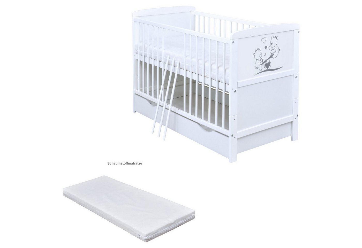 Baby-Delux Babybett Luna Teddy Wippe, Kinderbett Gitterbett 140x70 weiß mit Beißschienen Schublade, Matratze Baby-Delux Babybett Luna Teddy Wippe, Kinderbett Gitterbett 140x70 weiß mit Beißschienen Schublade, Matratze von Baby-Delux