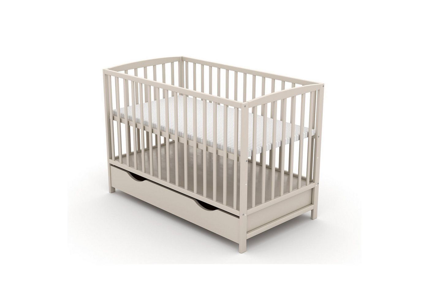 Baby-Delux Babybett MIlo Taupe Bettkasten Schutzgitter Matratze, Kinderbett 60x120 Taupe Schublade Barriere Kiefer Matratze von Baby-Delux