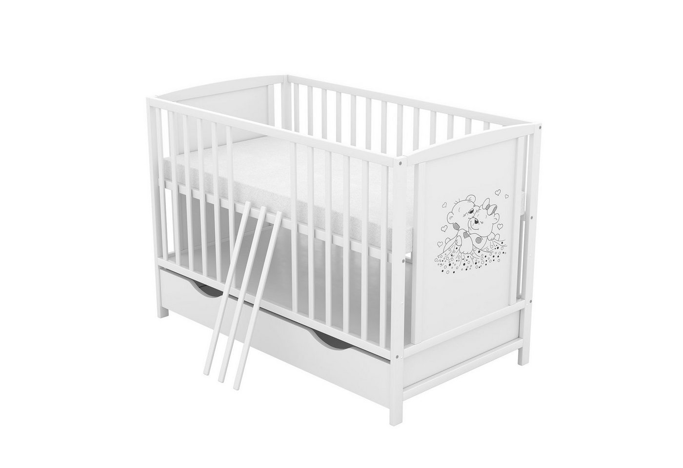 Baby-Delux Babybett Mia Bettkasten, Kinderbett 60x120 cm weiß Schublade Kiefer Teddy Motiv Matratze von Baby-Delux