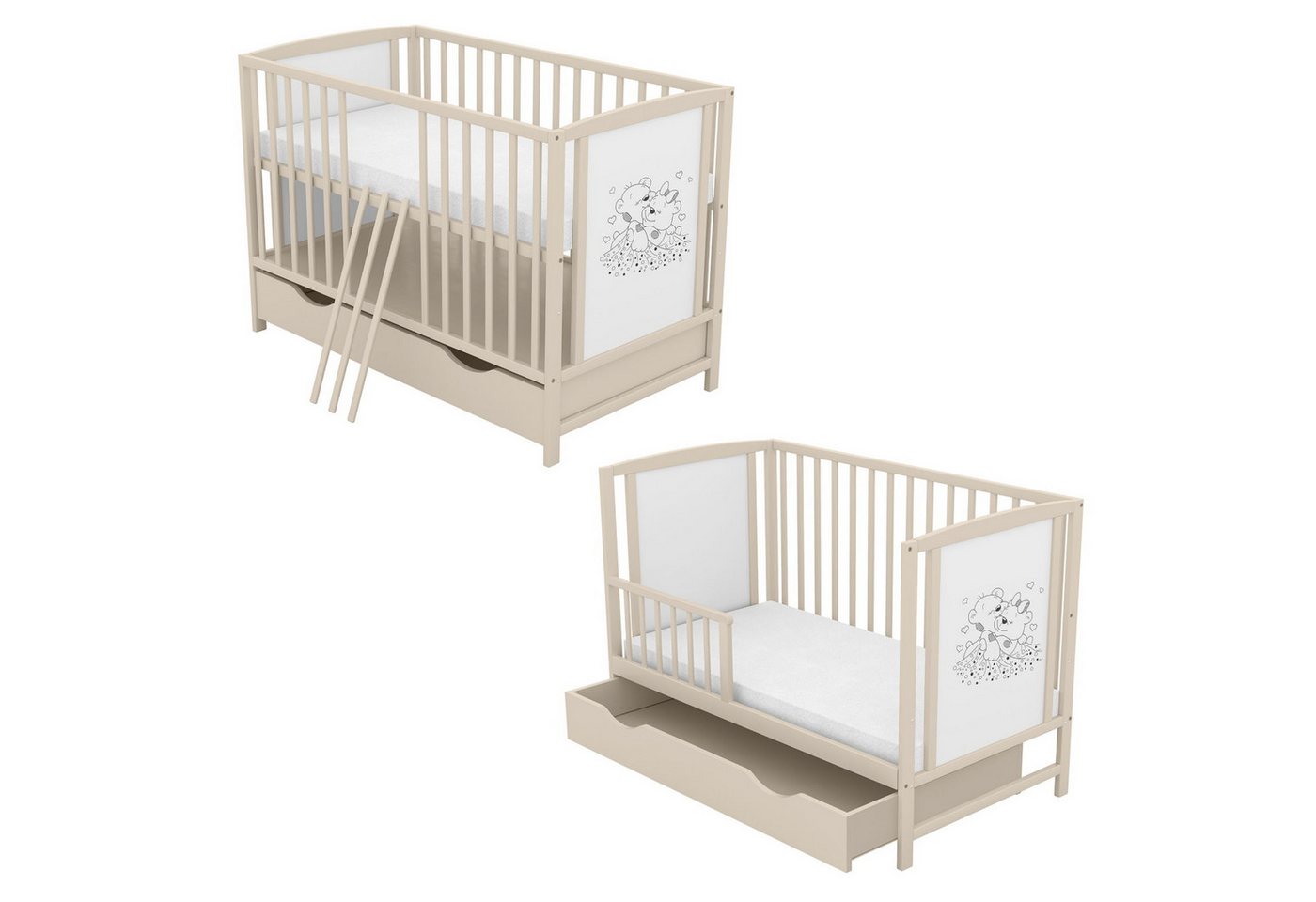Baby-Delux Babybett Mia Bettkasten Schutzgitter, Kinderbett 60x120 Taupe Schublade Barriere Kiefer Teddy Motiv Matratze von Baby-Delux