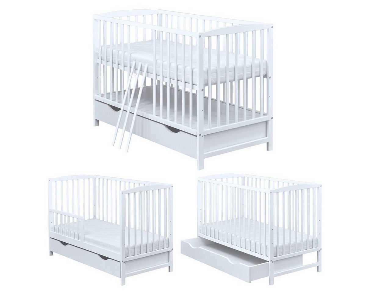 Baby-Delux Babybett Milo Bettkasten Schutzgitter, Kinderbett 60x120 cm weiß Schublade Barriere Kiefer Matratze von Baby-Delux