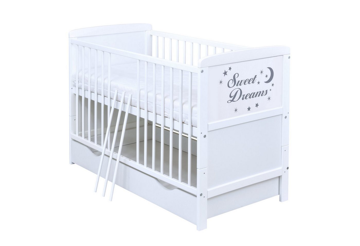 Baby-Delux Babybett Sweet Dreams Bettkasten, Kinderbett Gitterbett 140x70 weiß mit Beißschienen Schublade, Matratze Baby-Delux Babybett Sweet Dreams Bettkasten, Kinderbett Gitterbett 140x70 weiß mit Beißschienen Schublade, Matratze von Baby-Delux