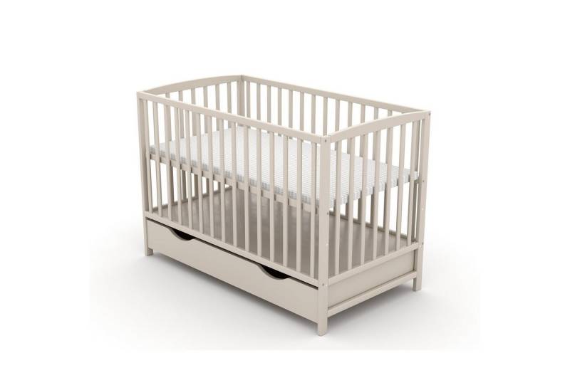 Baby-Delux Babybett Taupe Gitterbett Bettkasten Schutzgitter, Kinderbett 60x120 Kiefernholz Schublade Barriere Matratze von Baby-Delux