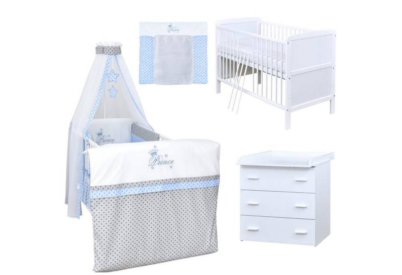 Baby-Delux Babyzimmer-Komplettset Babyzimmer 140x70 weiß Komplettset, (13-tlg), Babybett Wickelkommode Bettwäsche Set Komplettzimmer von Baby-Delux