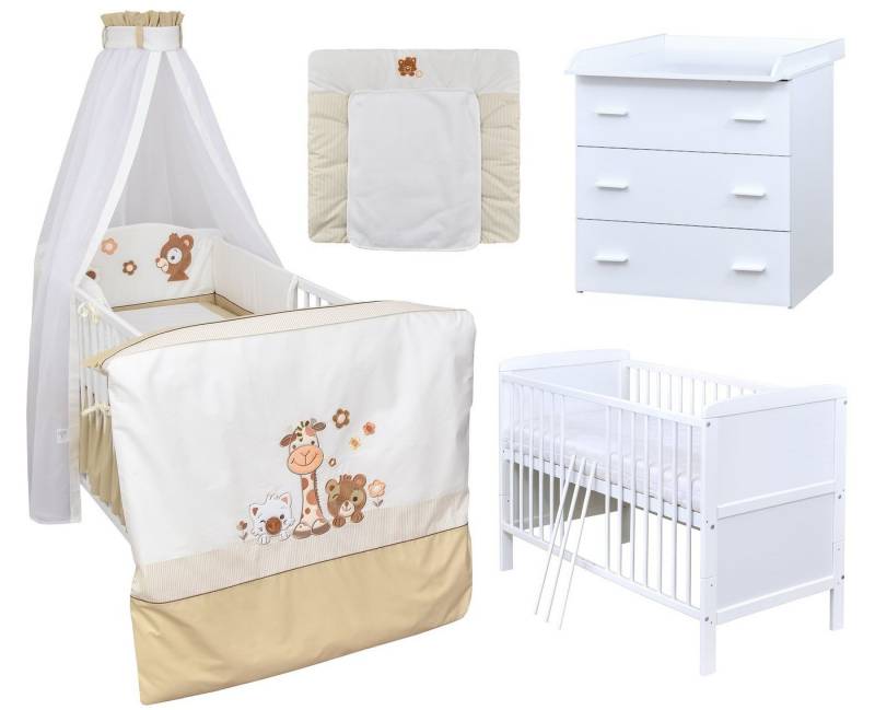 Baby-Delux Babyzimmer-Komplettset Babyzimmer 140x70 weiß Komplettset, (13-tlg), Babybett Wickelkommode Bettwäsche Set Komplettzimmer von Baby-Delux