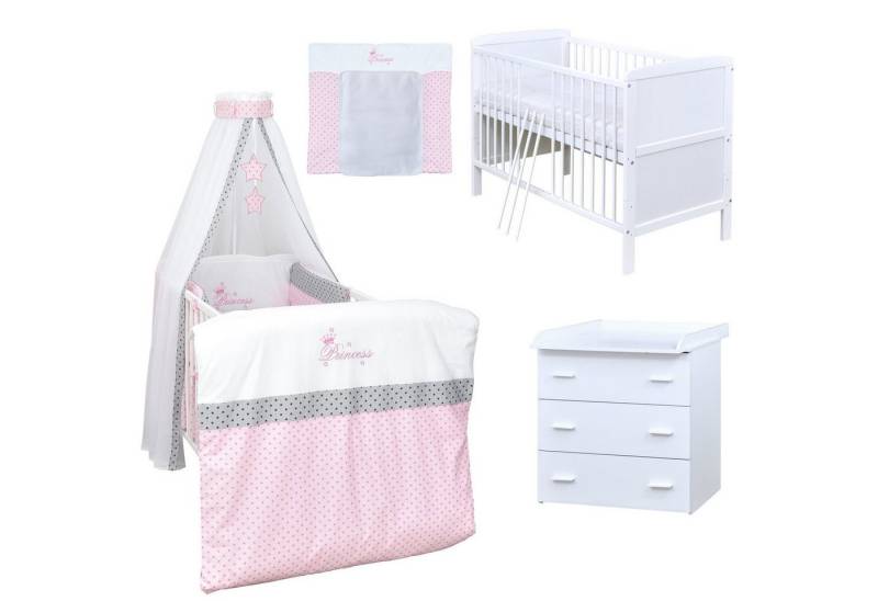 Baby-Delux Babyzimmer-Komplettset Babyzimmer 140x70 weiß Komplettset, (13-tlg), Babybett Wickelkommode Bettwäsche Set Komplettzimmer von Baby-Delux