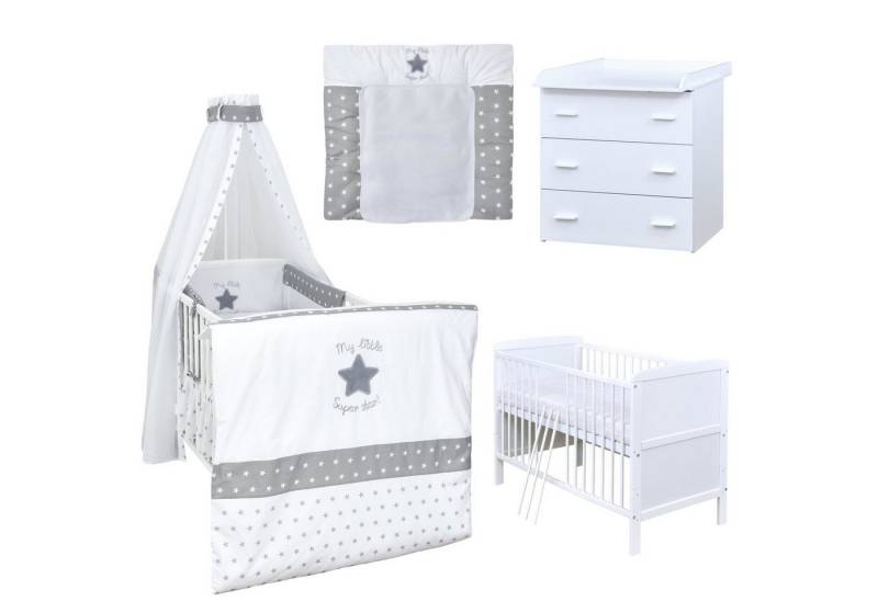 Baby-Delux Babyzimmer-Komplettset Babyzimmer 140x70 weiß Komplettset, (13-tlg), Babybett Wickelkommode Bettwäsche Set Komplettzimmer von Baby-Delux