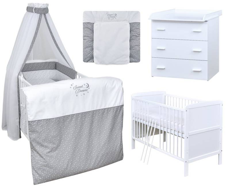 Baby-Delux Babyzimmer-Komplettset Babyzimmer 140x70 weiß Komplettset, (13-tlg), Babybett Wickelkommode Bettwäsche Set Komplettzimmer von Baby-Delux