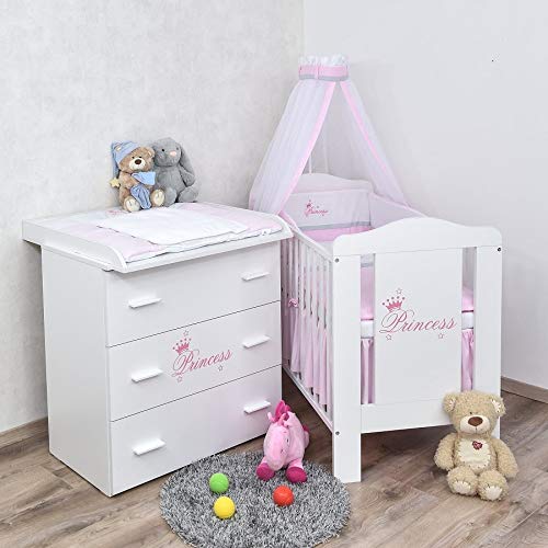 Baby Delux Babyzimmer Komplettzimmer Set Babybett Komplett Set Kommode weiß Bettset Princess von Baby Delux