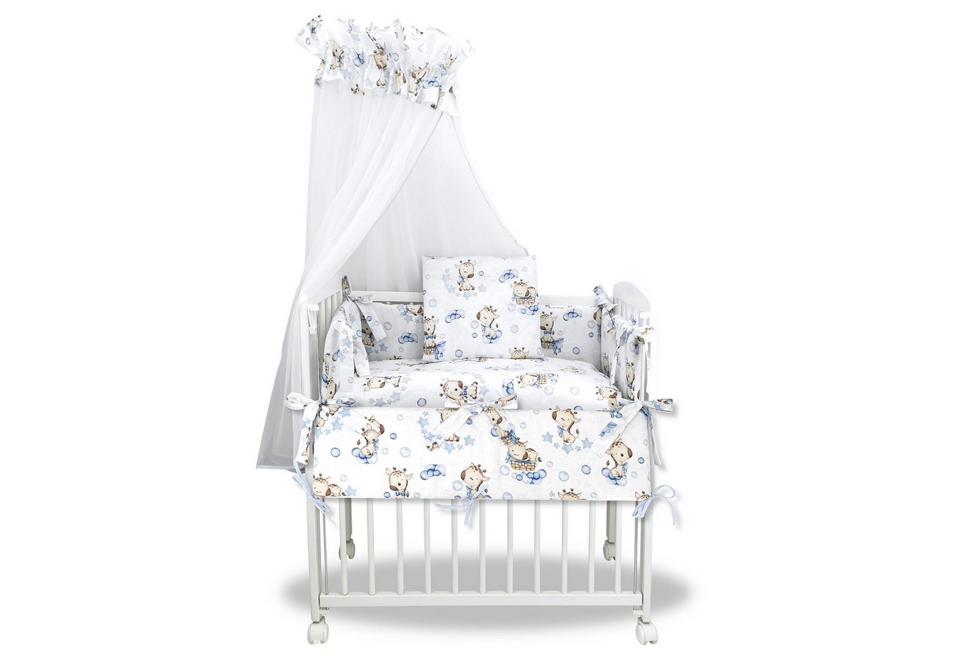 Baby-Delux Beistellbett Babybett Giraffe Blau, 10-tlg., Stillbett 90x40 weiß höhenverstellbar, Matratze inkl. komplett Set von Baby-Delux