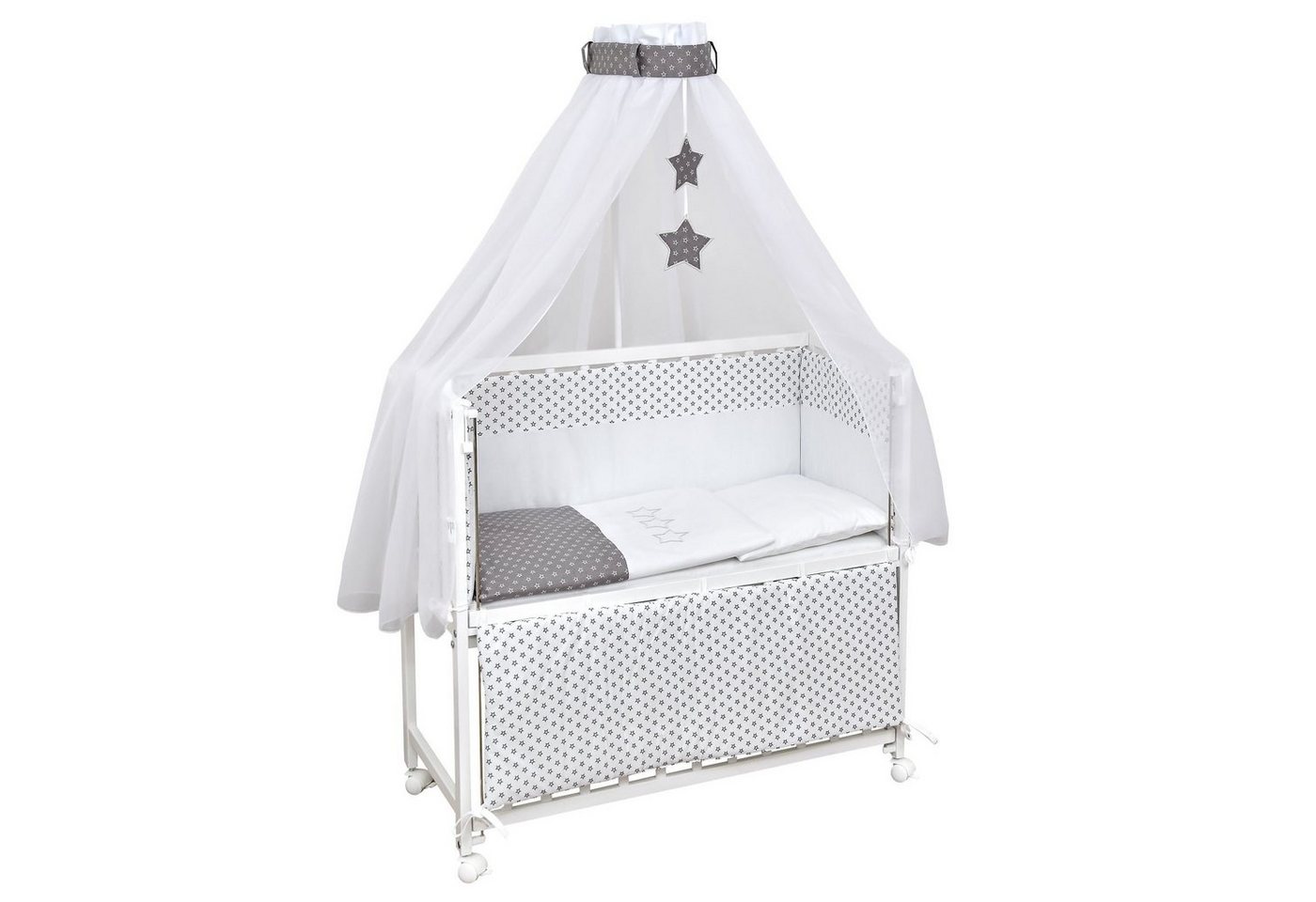 Baby-Delux Beistellbett Babybett Grey Stars, Stillbett 90x40 weiß höhenverstellbar, Matratze inkl. komplett Set von Baby-Delux