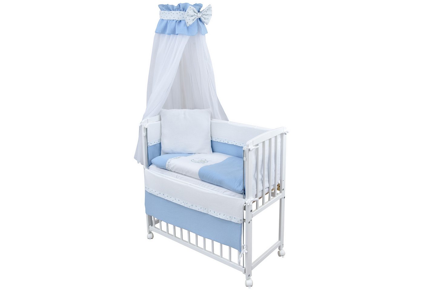 Baby-Delux Beistellbett Babybett Musselin Teddy Mond Blau, Stillbett 90x40 weiß höhenverstellbar, Matratze inkl. komplett Set von Baby-Delux