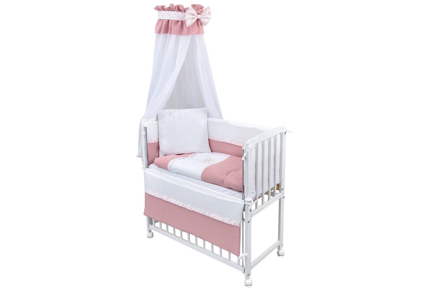 Baby-Delux Beistellbett Babybett Musselin Teddy Mond Rosa, Stillbett 90x40 weiß höhenverstellbar, Matratze inkl. komplett Set von Baby-Delux