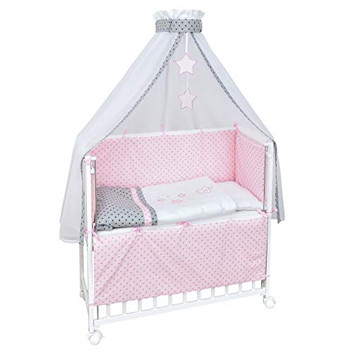 Baby Delux Beistellbett Babybett Stubenwagen weiß 90x40 mobil mit Rädern inkl. Matratze Bettwäsche Set (Magic Stars Rosa) von Baby Delux