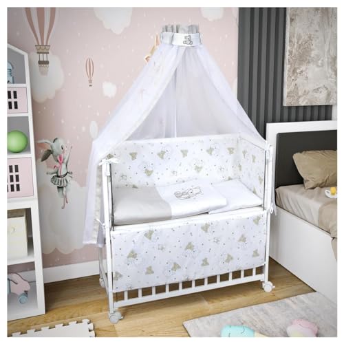 Baby Delux Baby Beistellbett Babybett Komplett Set Stubenwagen weiß 90x40 mobil mit Rädern inkl. Matratze Bettwäsche Set (Shiny Teddy) von Baby Delux