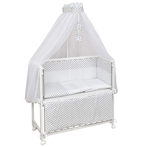 Baby Delux Beistellbett Set Babybett Stubenwagen weiß 90x40 mobil mit Rädern inkl. Matratze Bettwäsche (White Stars) von Baby Delux