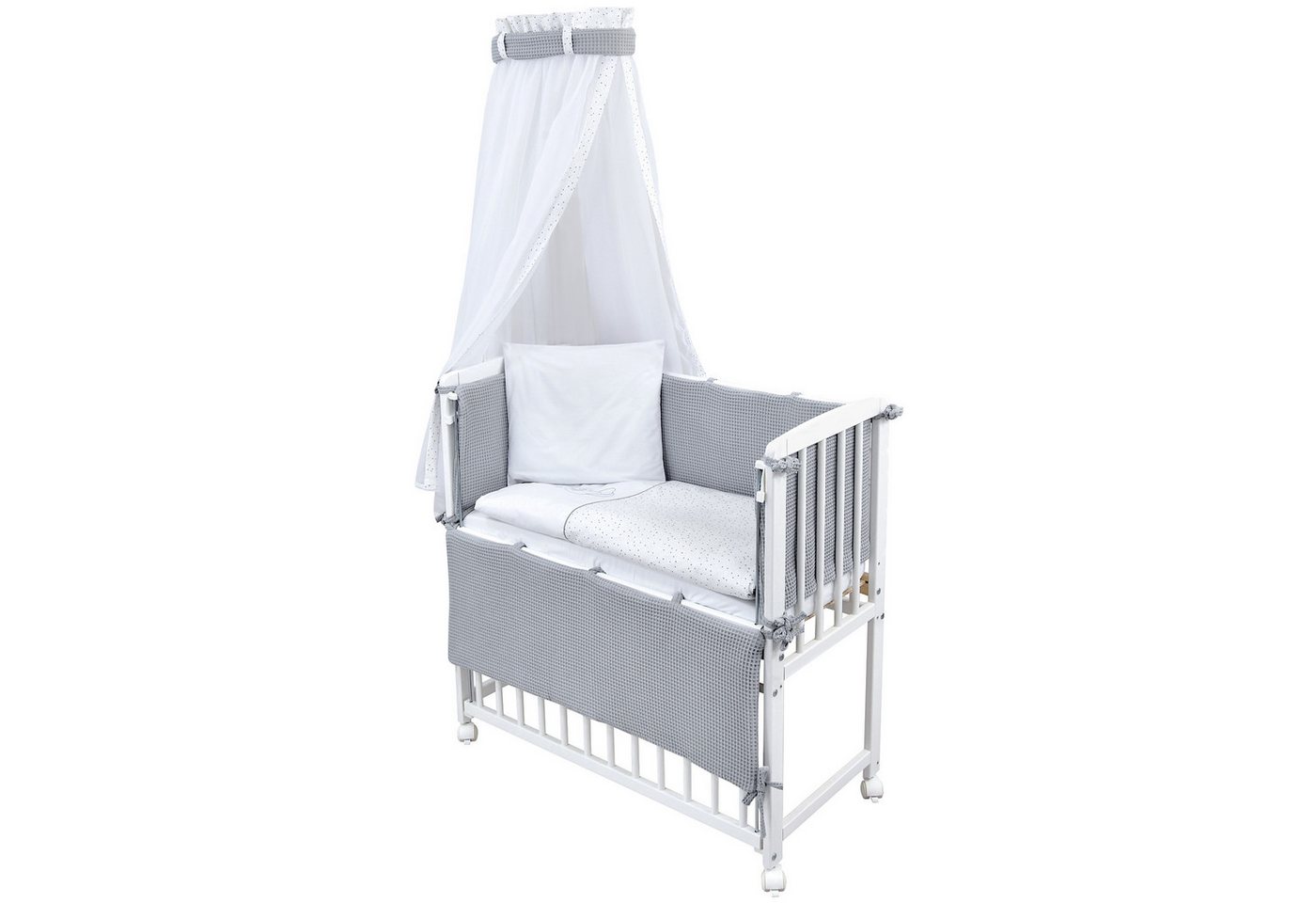 Baby-Delux Beistellbett Babybett Waffelpique Sternchen Grau, Stillbett 90x40 weiß höhenverstellbar, Matratze inkl. komplett Set von Baby-Delux