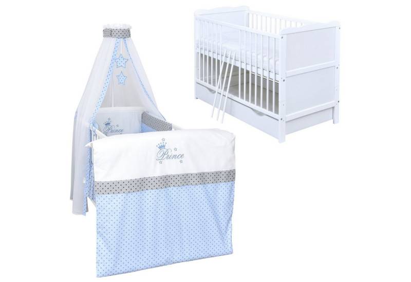 Baby-Delux Komplettbett Babybett Jack Schublade Komplettset, 11-tlg., Kinderbett 70x140 cm weiß, Bettset verschiedene Designs von Baby-Delux