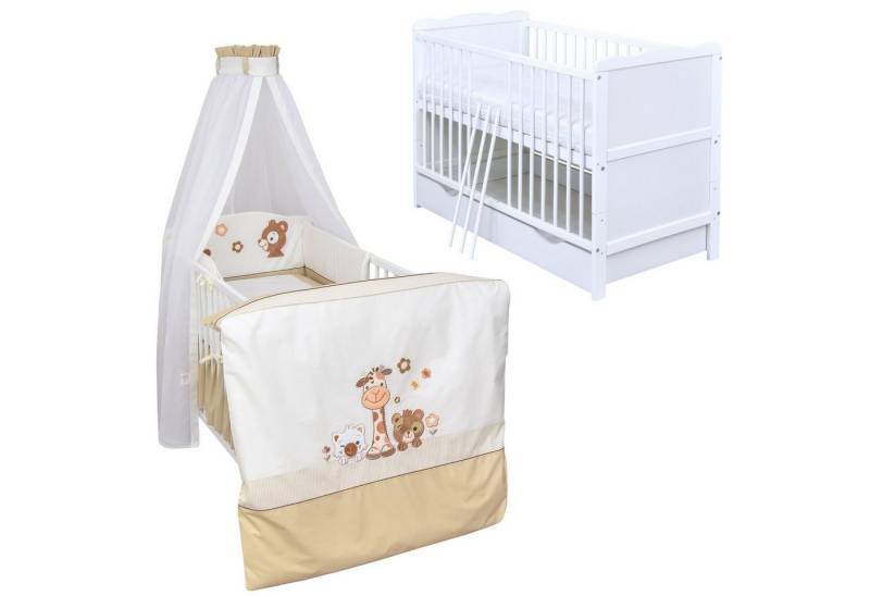 Baby-Delux Komplettbett Babybett Jack Schublade Komplettset, 11-tlg., Kinderbett 70x140 cm weiß, Bettset verschiedene Designs von Baby-Delux