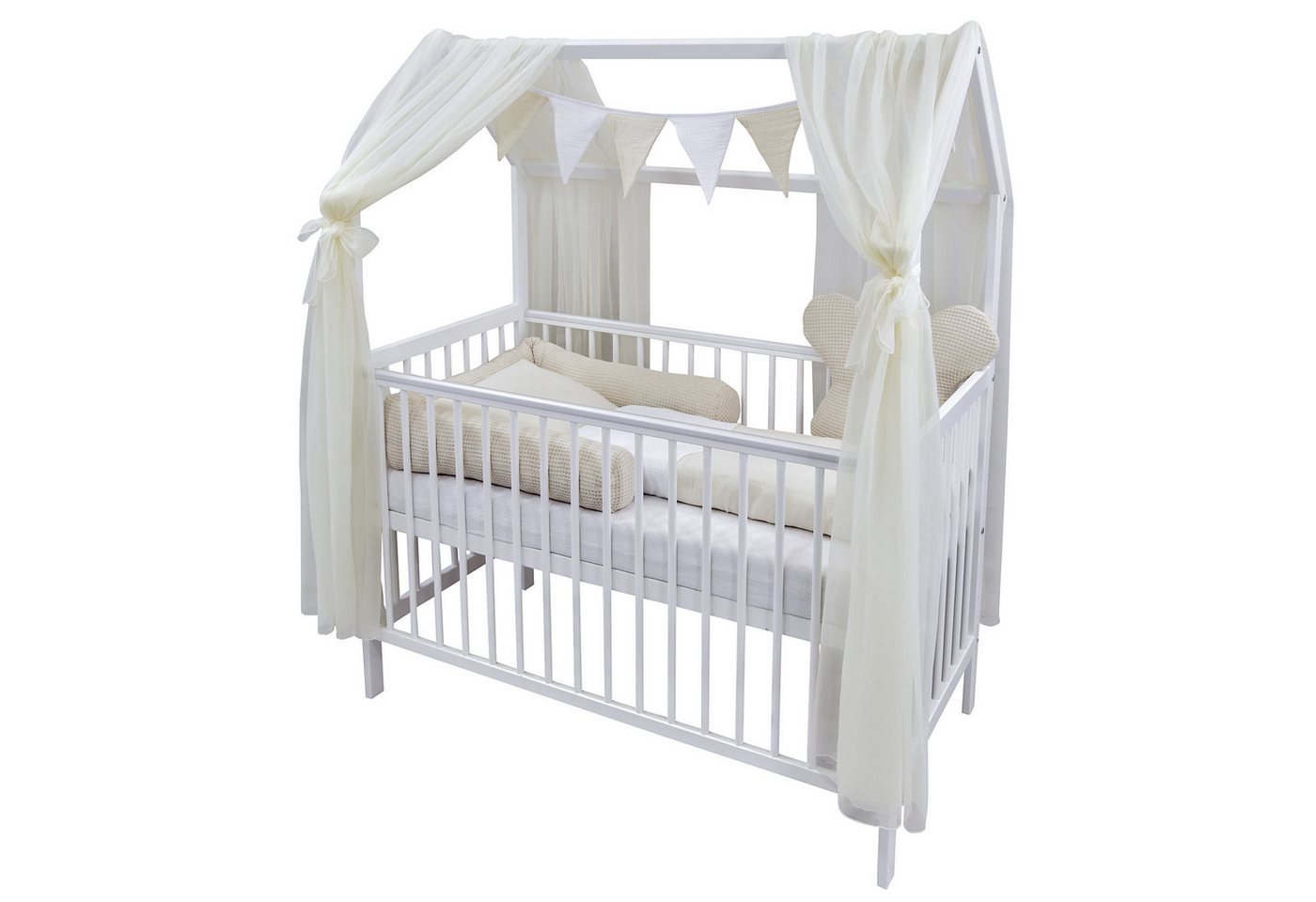 Baby-Delux Komplettbett Hausbett Babybett Komplettset Waffelpique, 12-tlg., Kinderbett 60x120 cm weiß, Bettset verschiedene Designs von Baby-Delux