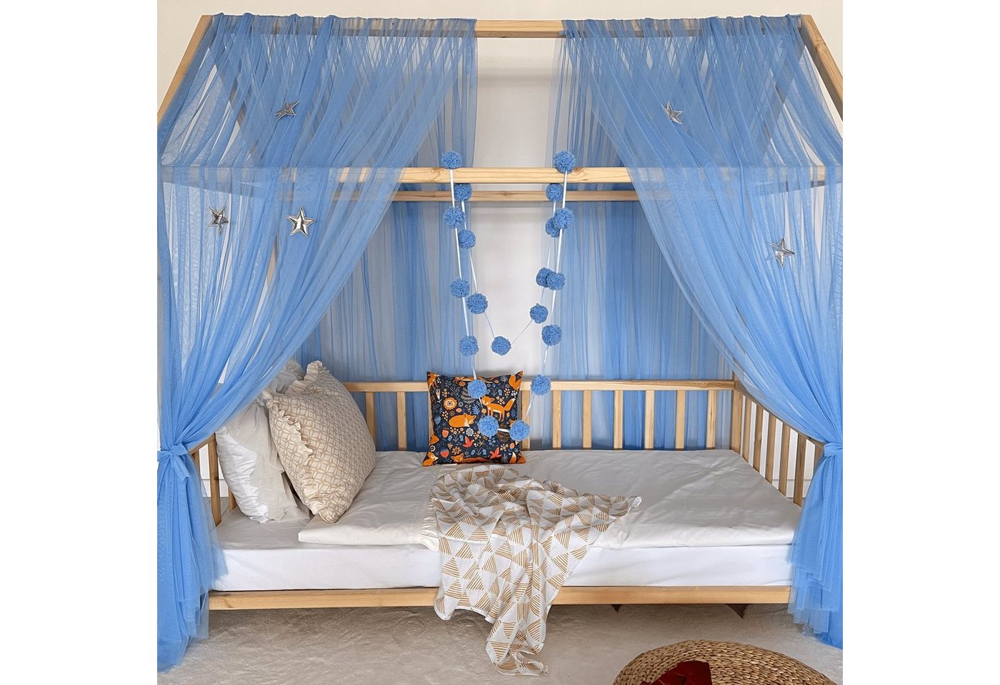 Baby Fancyroom Betthimmel Betthimmel Tüll Hausbett Kinderbett 2 Stück 340cm 380cm Montessori (3-tlg. Set mit 2x Betthimmel und einer 20er Pomponkette, Baldachin, Kinder Betthimmel Baldachin, Himmel Deko Set), Betthimmel für Hausbett Montessori von Baby Fancyroom