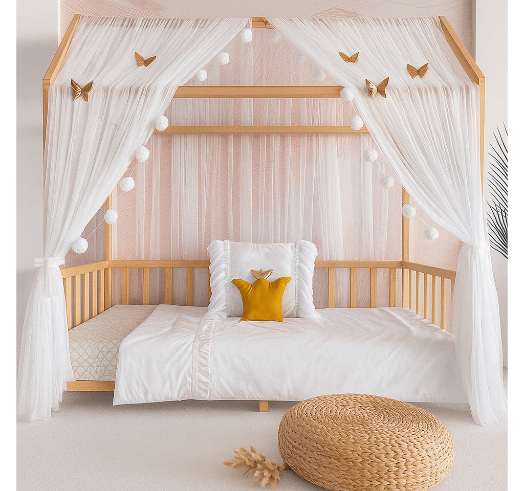 Baby Fancyroom Betthimmel Betthimmel Tüll Hausbett Kinderbett 2 Stück 340cm 380cm Montessori (3-tlg. Set mit 2x Betthimmel und einer 20er Pomponkette, Baldachin, Kinder Betthimmel Baldachin Himmel Deko Set), Betthimmel für Hausbett Montessori von Baby Fancyroom