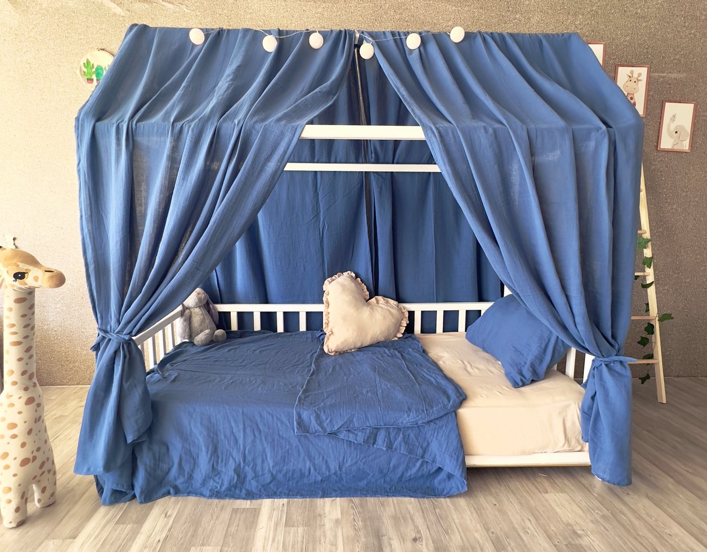 Baby Fancyroom Betthimmel Betthimmel blau Musselin Hausbett Kinderbett 320cm 360cm Montessori (2-tlg. Set mit Schlaufen, Baldachin für Jungen, Kinder Jungen Betthimmel Baldachin Himmel Deko Set), Jungen Betthimmel für Hausbett Montessori von Baby Fancyroom