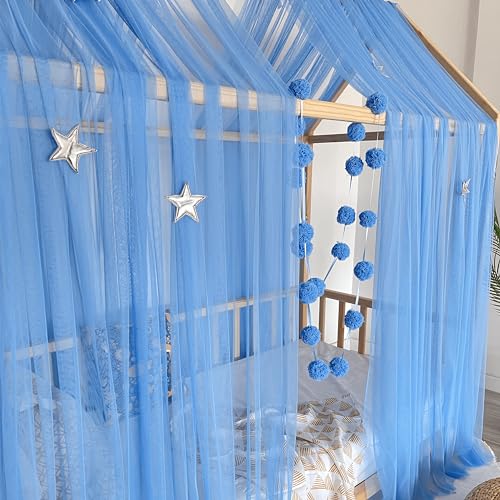 Baby Fancyroom Hausbett Himmel blau Betthimmel Deko Set Kinderzimmer Kinderbett Baldachin Pompongirlande aus Premium Tüll für Hausbetten (340cm) von Baby Fancyroom