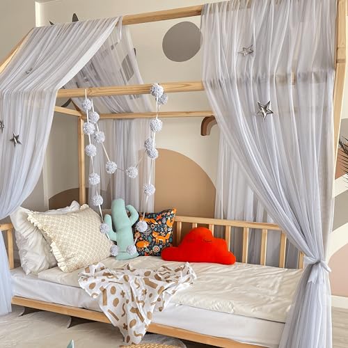 Baby Fancyroom Hausbett Himmel grau Betthimmel Deko Set Kinderzimmer Kinderbett Baldachin Pompongirlande aus Premium Tüll für Hausbetten (340cm) von Baby Fancyroom