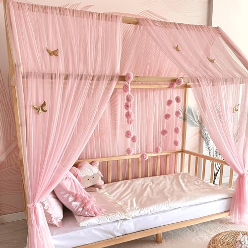 Baby Fancyroom Hausbett Himmel rosa Betthimmel Deko Set Kinderzimmer Kinderbett Baldachin Pompongirlande aus Premium Tüll für Hausbetten (380cm, mit 5 goldenen Schmetterlingen) von Baby Fancyroom