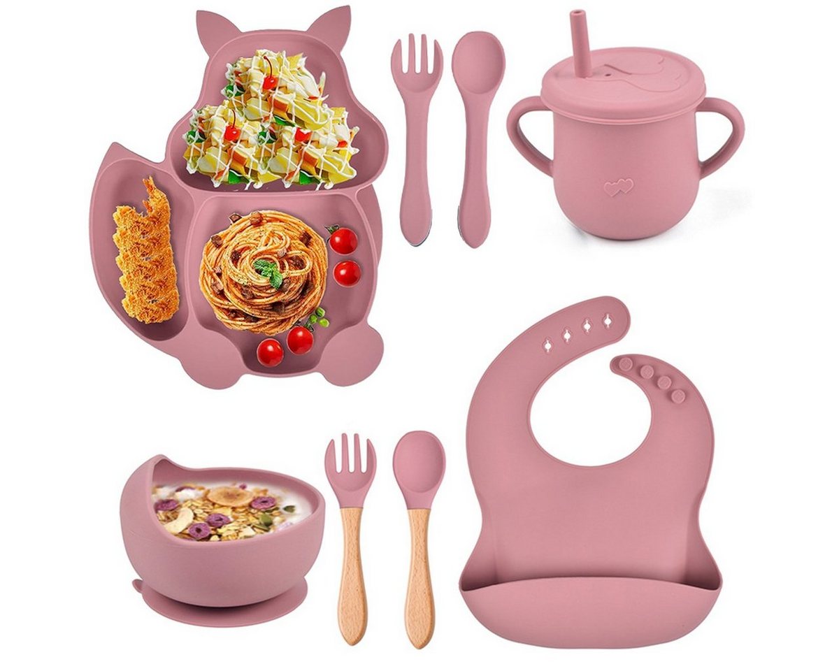 Baby Ja Kindergeschirr-Set Kindergeschirr-Set 8-teilig, Silikongeschirr, Eichhörnchen-Teller, rutschfestes, Löffel-, Gabel-, Schüssel-, Teller- und Besteckset von Baby Ja