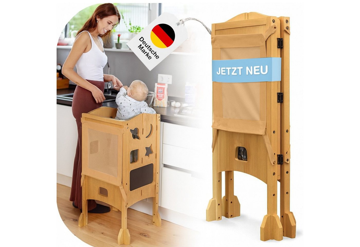 BabyBeFun Stehhilfe Lernturm ab 1 Jahr - [Extra Sicher] klappbar inkl. Sicherheitsnetz, 360° Schutz durch Sicherheitsnetz, Klappbar, Extra Sicher und Stabil von BabyBeFun