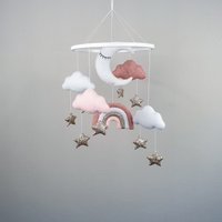 Wolke-Baby-Mädchen-Mobile, Mond Regenbogen Kinderzimmer Mobile, Gold Stern Mobile Für Krippe, Filz Hängen Baby-Mädchen-Kinderzimmer-Dekor von BabyBellsMobile