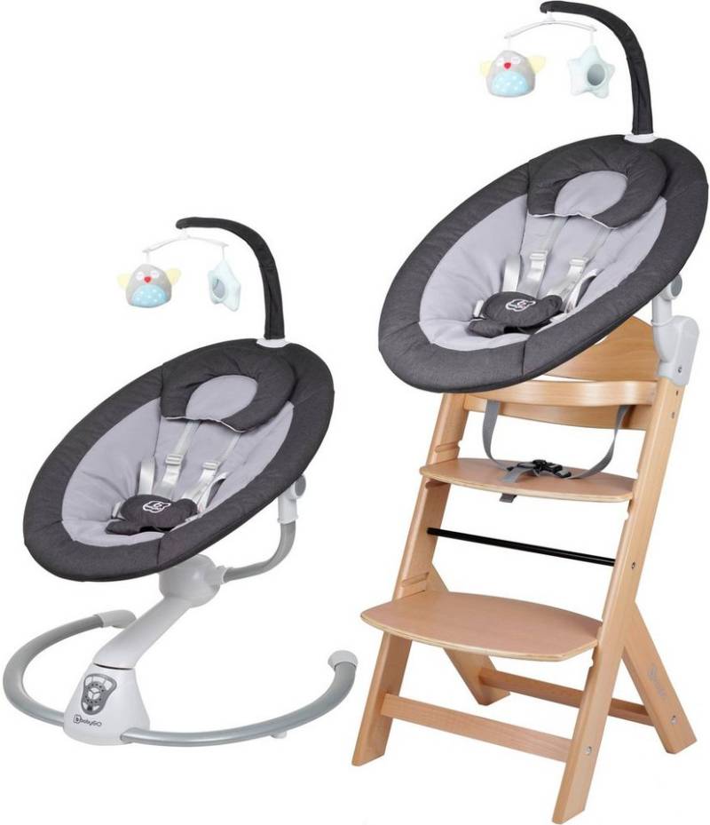 BabyGo Hochstuhl Family Homey Set, natur/dunkelgrau, mit elektrischer Babywippe inkl. Spielbogen von BabyGo