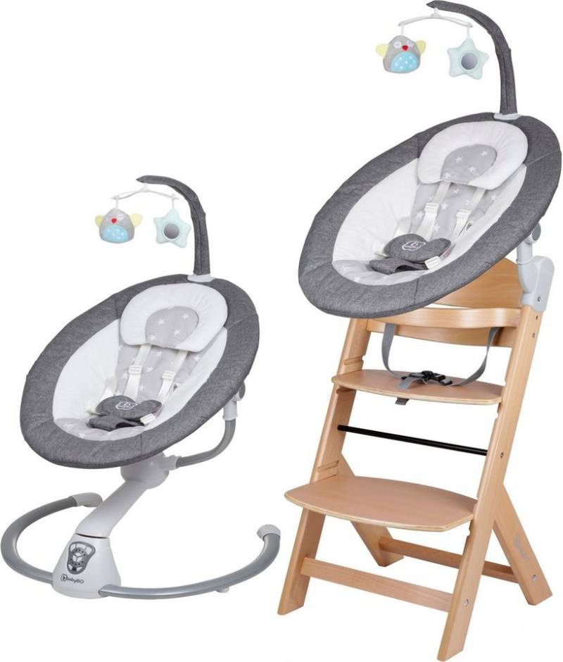 BabyGo Hochstuhl Family Homey Set, natur/hellgrau, mit elektrischer Babywippe inkl. Spielbogen von BabyGo