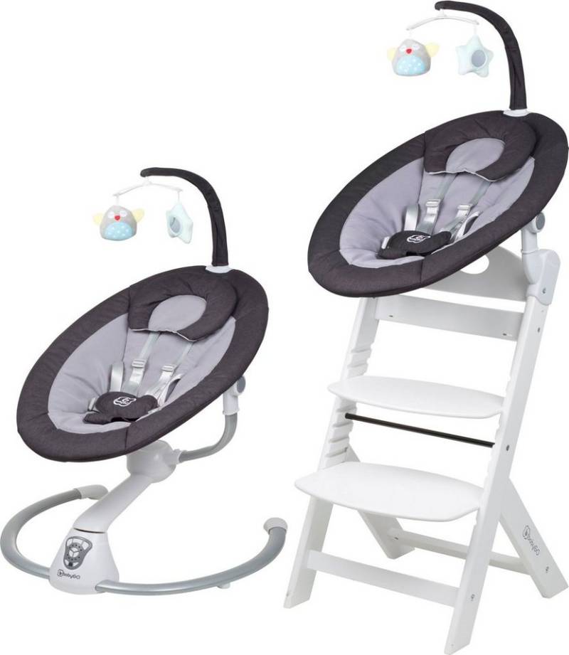 BabyGo Hochstuhl Family Homey Set, weiß/dunkelgrau, mit elektrischer Babywippe inkl. Spielbogen von BabyGo