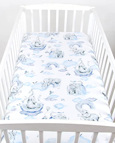 BABYLUX Baby Spannbettlaken für Kinderbett - 100% Baumwolle,60x120 / 70x140 cm weich und bequem, passend für alle Standardmatratzen, (126. Elefanten Blau, 60x120cm) von BabyLux